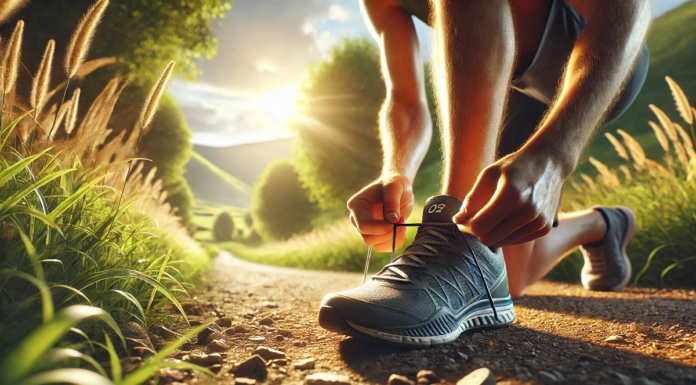 Jak zacząć biegać? mężczyzna wiąże buty do biegania