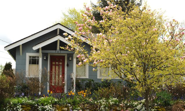 Najpiękniejsze domy z ogrodem. Jak zaaranżować przestrzeń wokół domu? Drewniany, niebieski domek z bujnym ogrodem